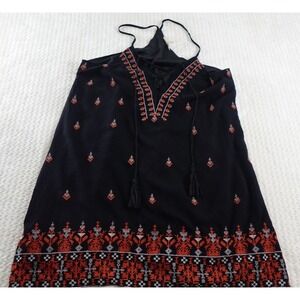 Entro black tribal boho embroidered halter top womens large